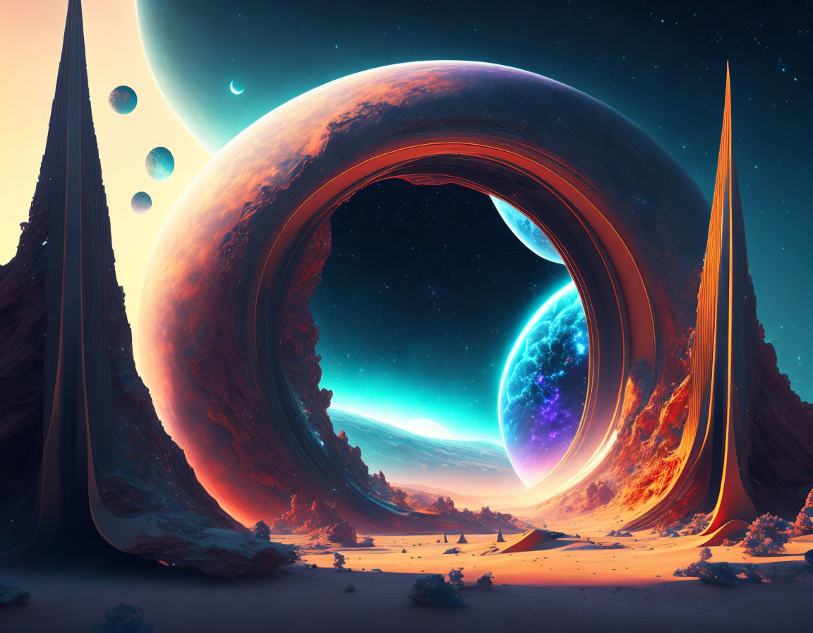 Sci-fi landscape with ringed planet, celestial bodies, and alien rock formations