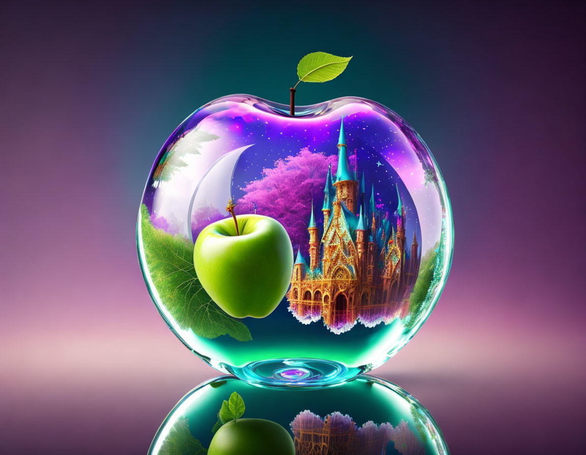 Transparent Apple Castle Fantasy Illustration with Green and Purple Sky