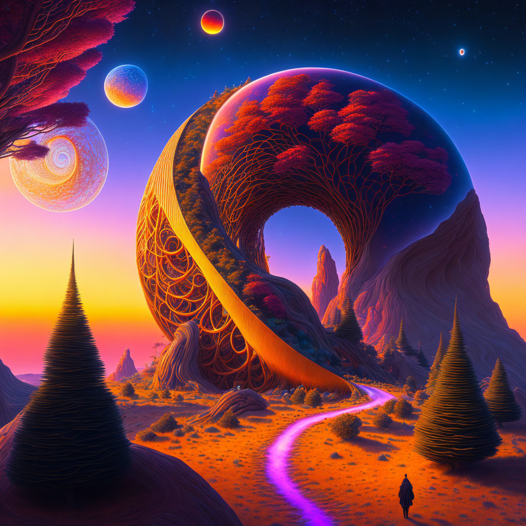 Vibrant surreal landscape with ring-shaped tree and multiple moons