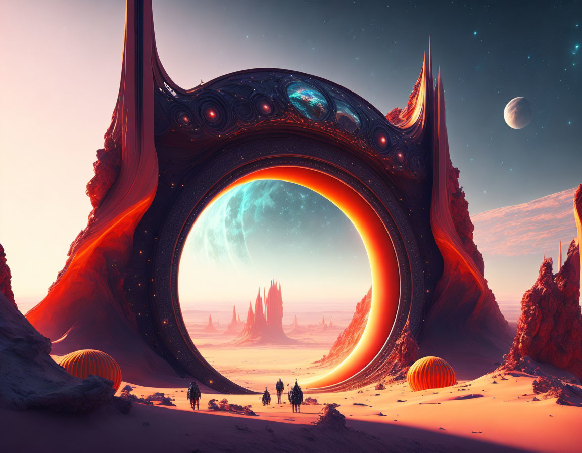 Futuristic alien landscape with travelers and massive arching structure