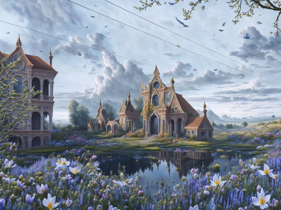 Fantasy landscape with ornate buildings, blooming flowers, tranquil pond, and cloudy sky