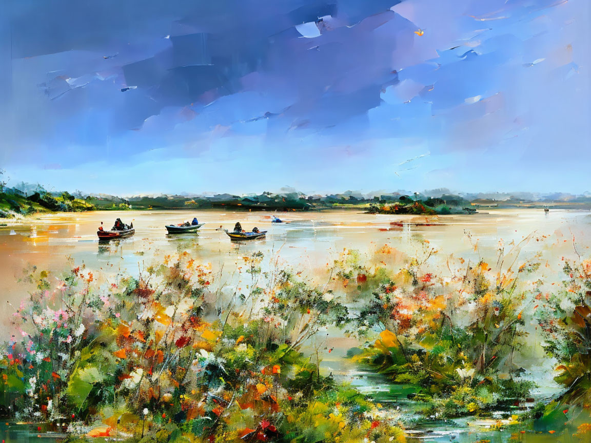 Vivid impressionistic painting of boats on a river with dynamic sky