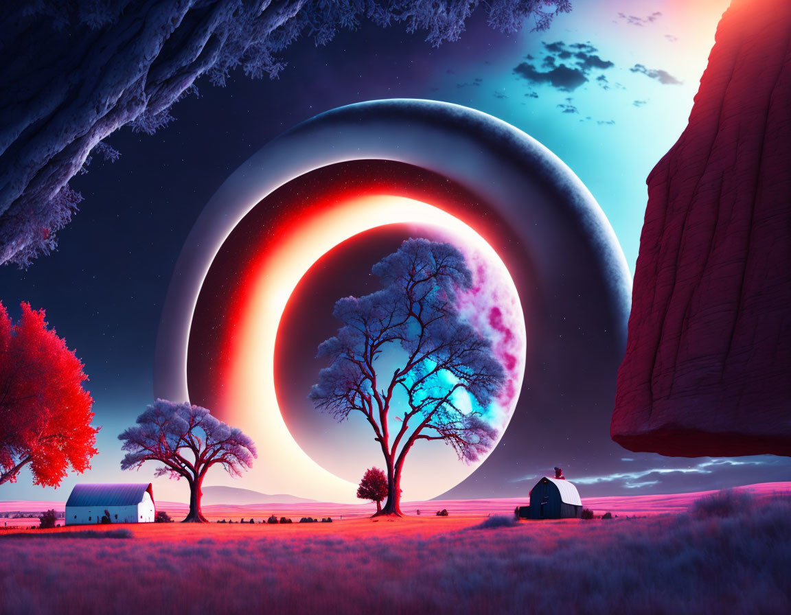 Surreal landscape with glowing ringed planet, purple sky, red trees, house, and rock