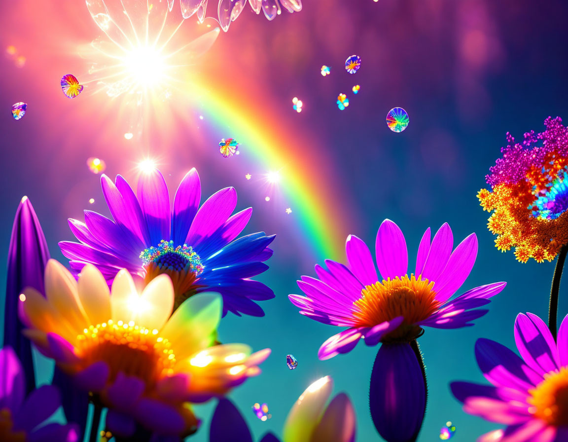 Colorful flowers under rainbow with glistening water droplets in sunlight