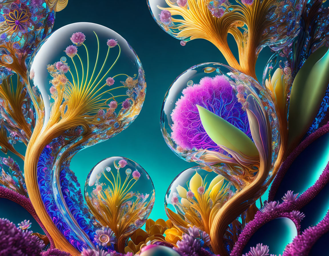Colorful surreal 3D artwork with organic shapes and floral patterns on blue background