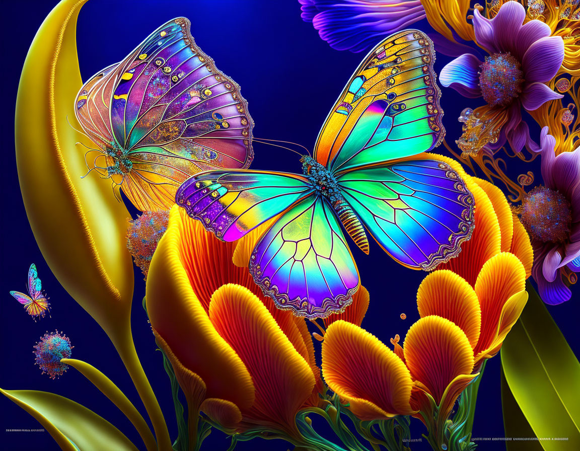 Colorful digital artwork: Two vibrant butterflies amidst floral background