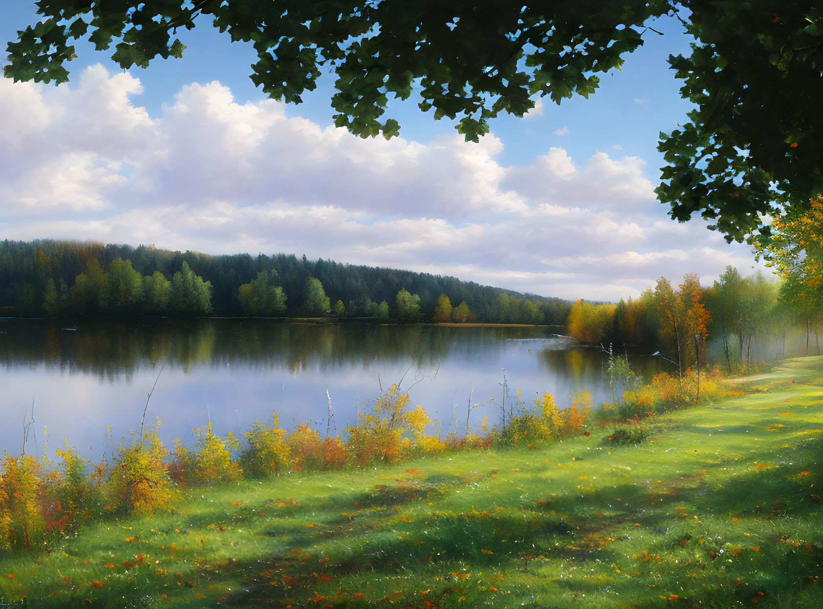 Tranquil lake with lush forest under partly cloudy sky