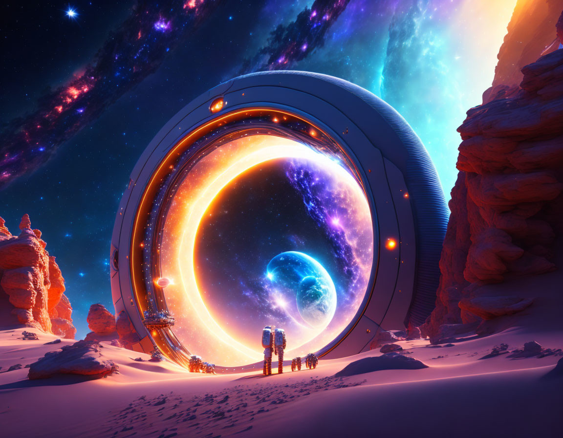 Person standing before massive futuristic portal on alien desert world with view of space and celestial bodies.
