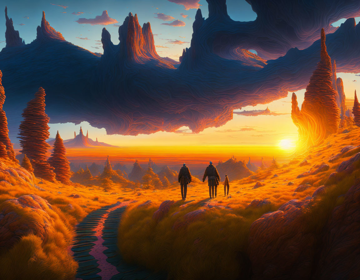 Three Figures Walking in Vibrant Alien Landscape at Sunset