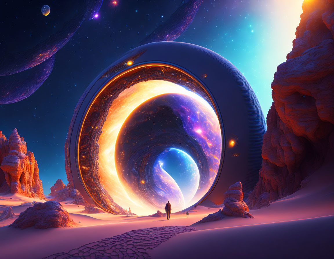 Person standing before swirling portal on alien landscape with orange rocks, star-filled sky, and distant planets.