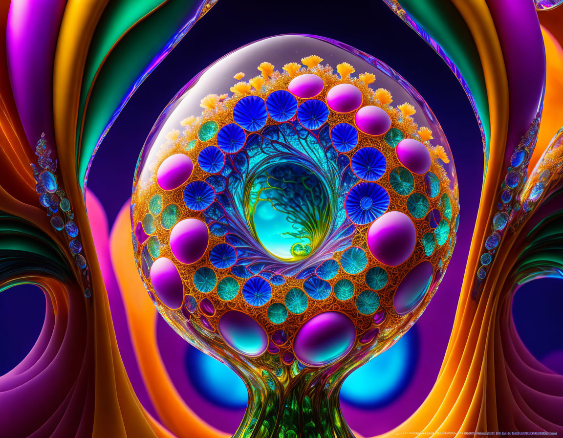 Colorful Fractal Image with Central Sphere and Floral Motifs