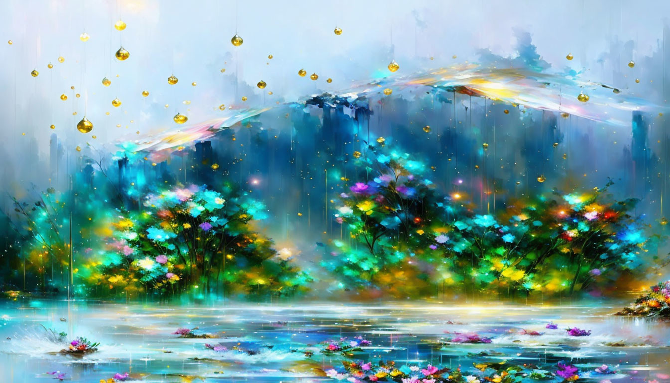 Colorful digital painting of ethereal landscape with blossoming flowers and glistening droplets