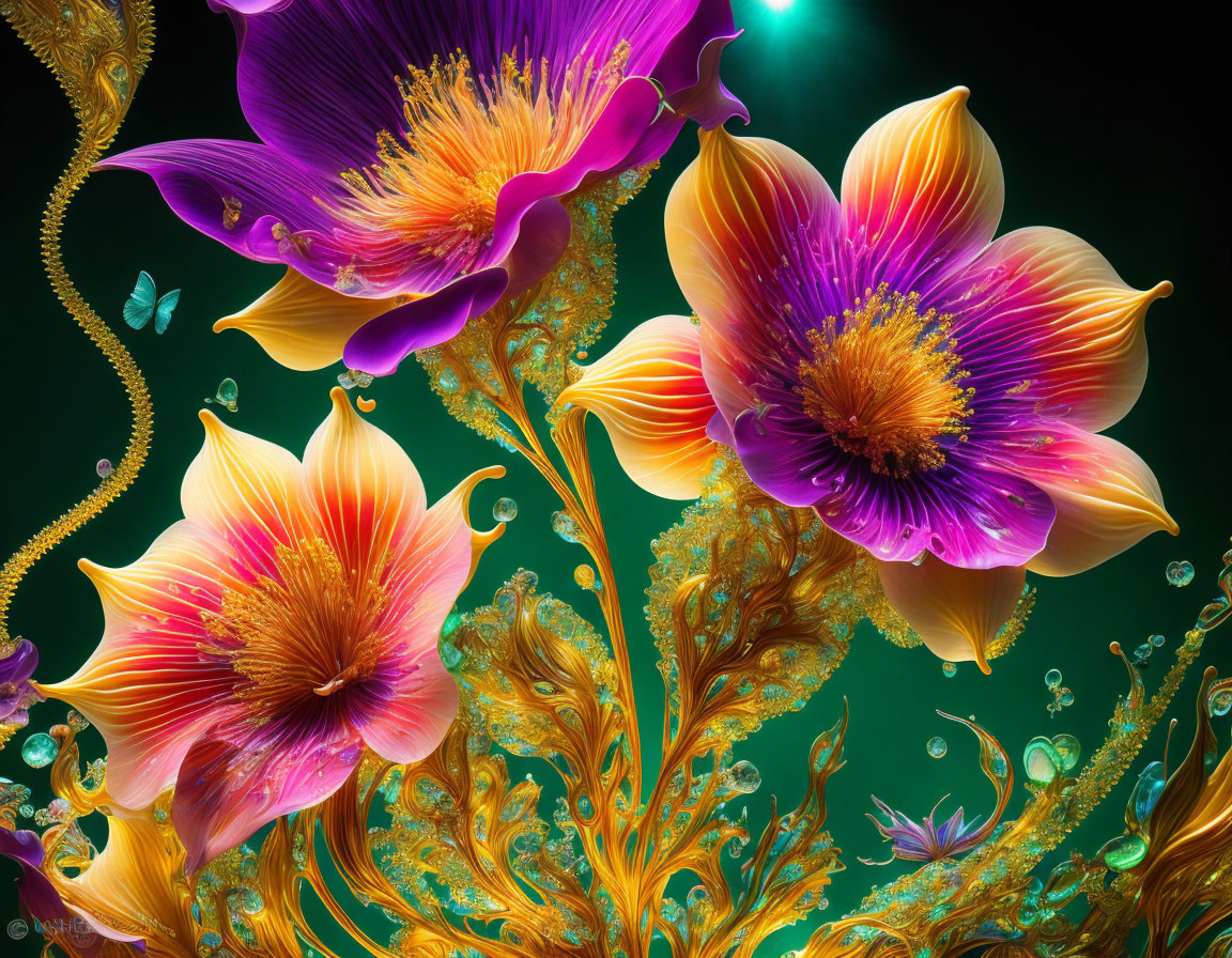 Stylized digital art: Radiant pink and yellow flowers on dark background