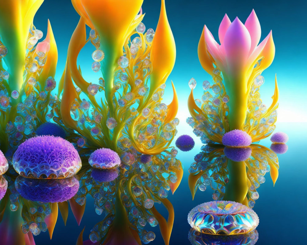 Colorful digital art: Radiant flowers & fractal patterns on deep blue background