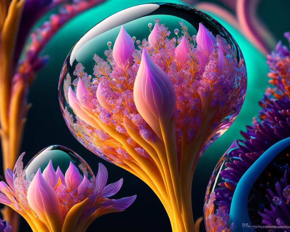 Colorful abstract digital art of intricate plant-like structures with reflective bubbles on teal background