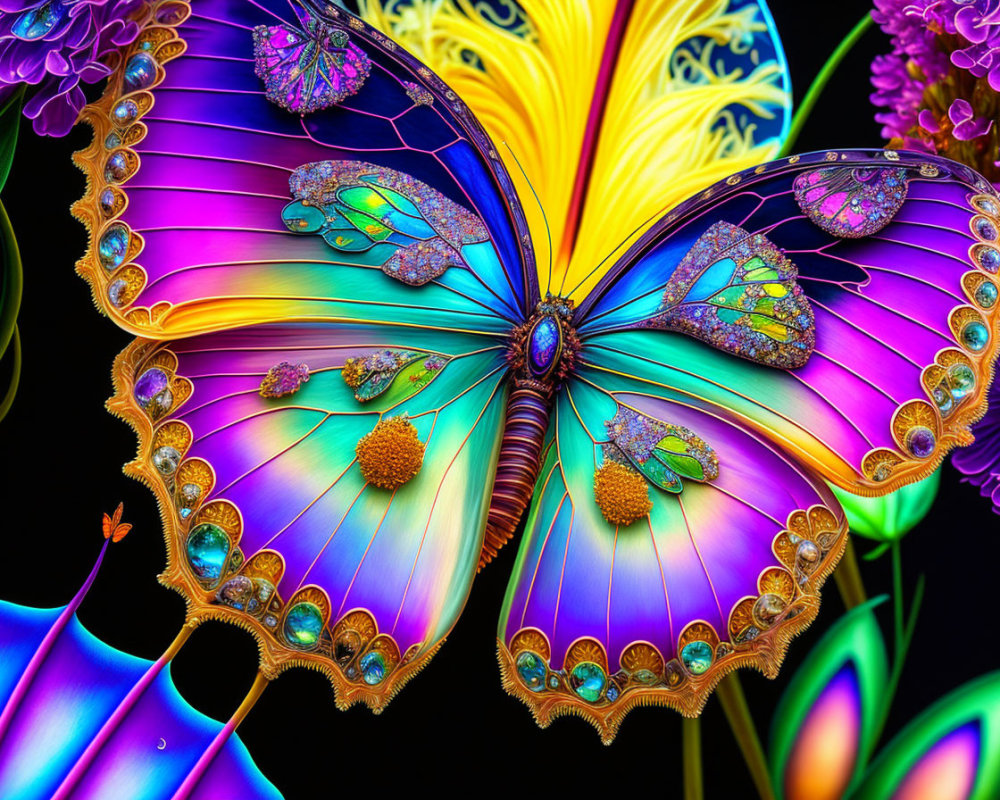 Colorful iridescent butterfly with jewel-like patterns on dark floral background