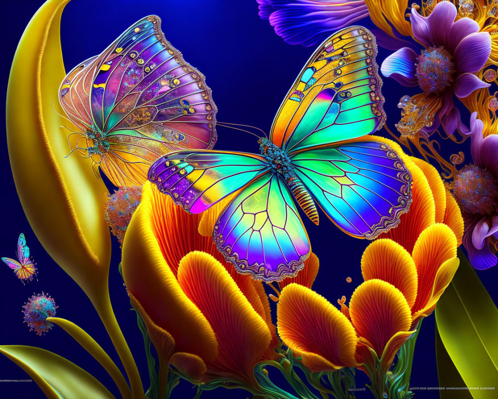 Colorful digital artwork: Two vibrant butterflies amidst floral background