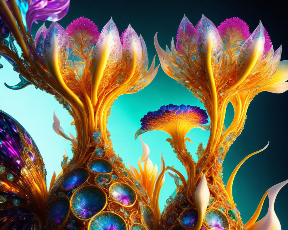 Vibrant digital art: ornate tree structures with peacock feather motifs