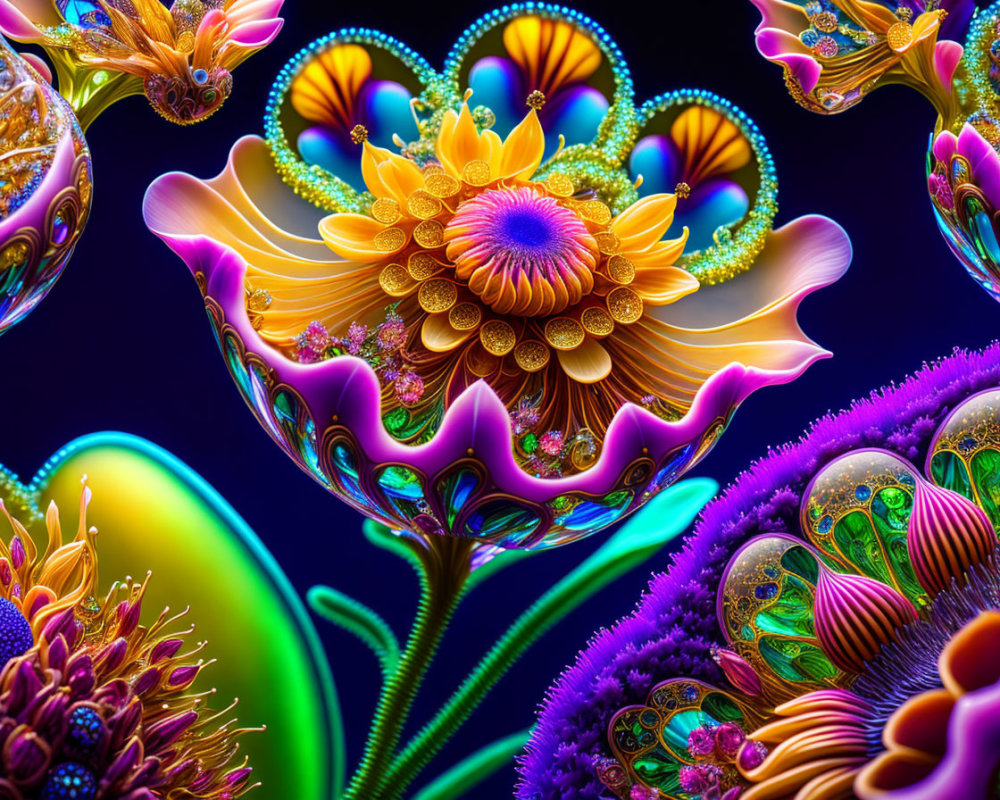 Colorful Fractal Art: Psychedelic Floral Patterns on Dark Background