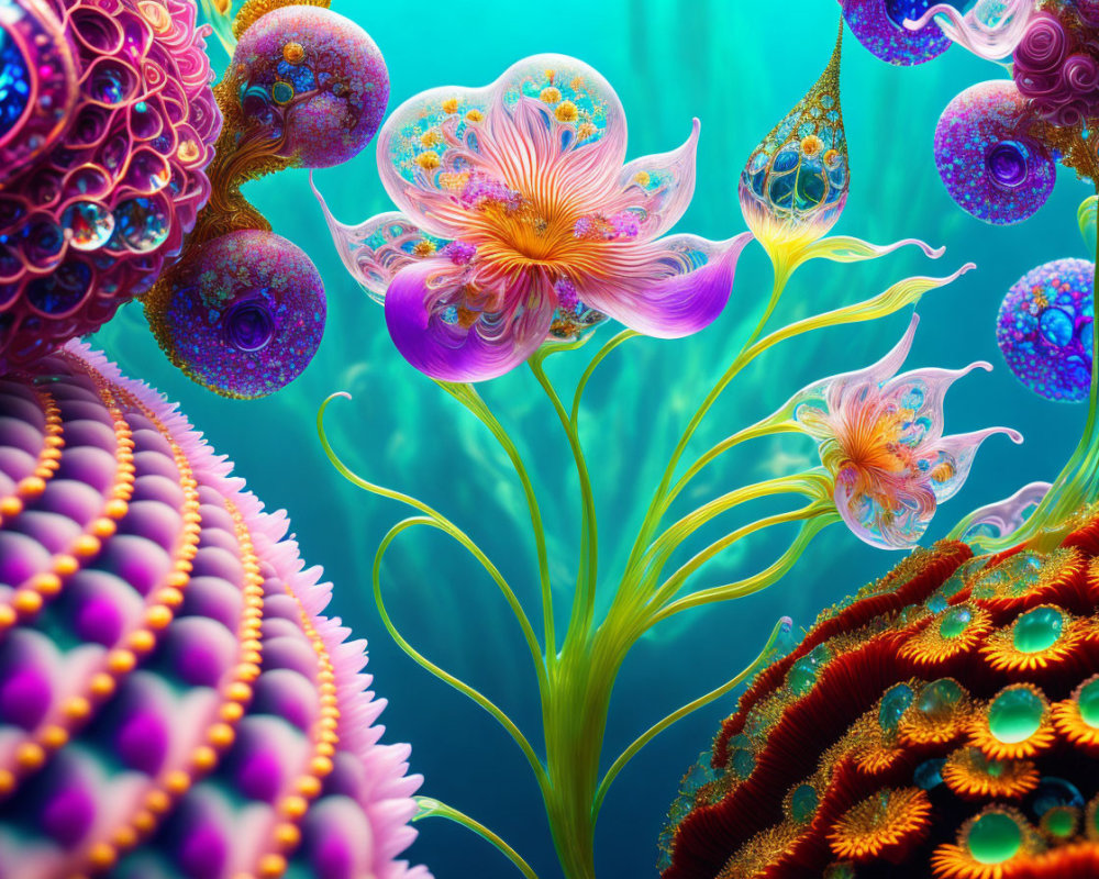 Colorful surreal underwater scene with fractal-like marine flora in intense purples, pinks,