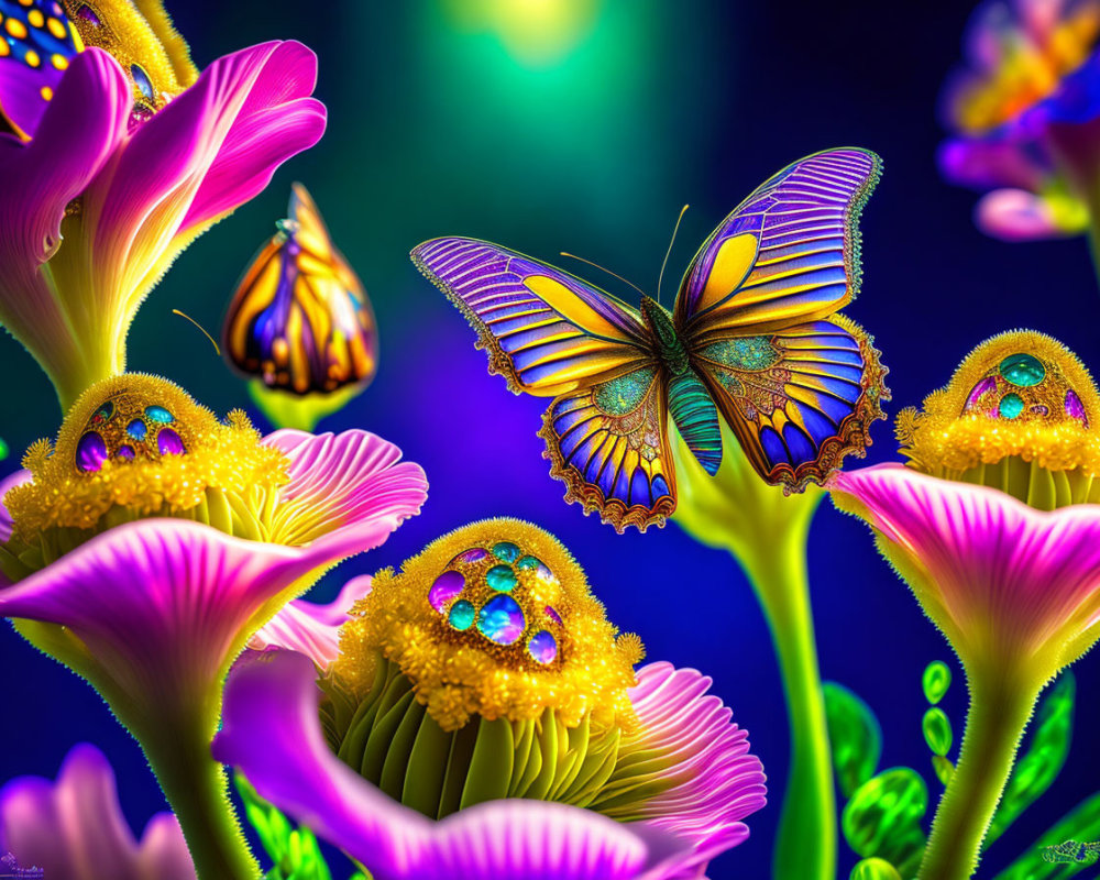 Colorful Butterfly and Flower Artwork with Intricate Patterns and Jewel-like Centers