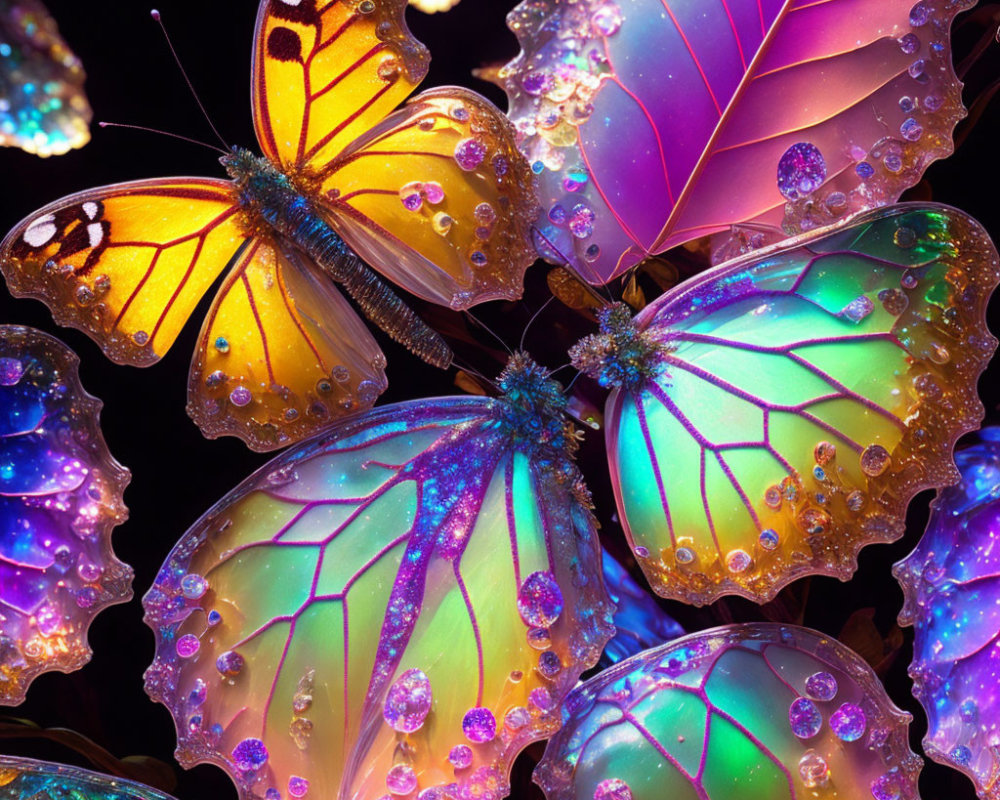 Vibrant artificial butterflies with water droplets, colorful hues, and sparkling wings.