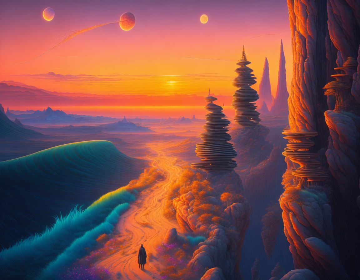 Surreal landscape with towering rock formations and two moons