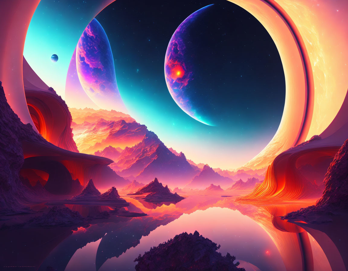 Colorful alien landscape with mountains, reflective water, and celestial bodies
