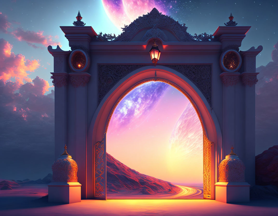 Ornate archway revealing surreal vista with winding path and celestial scenery