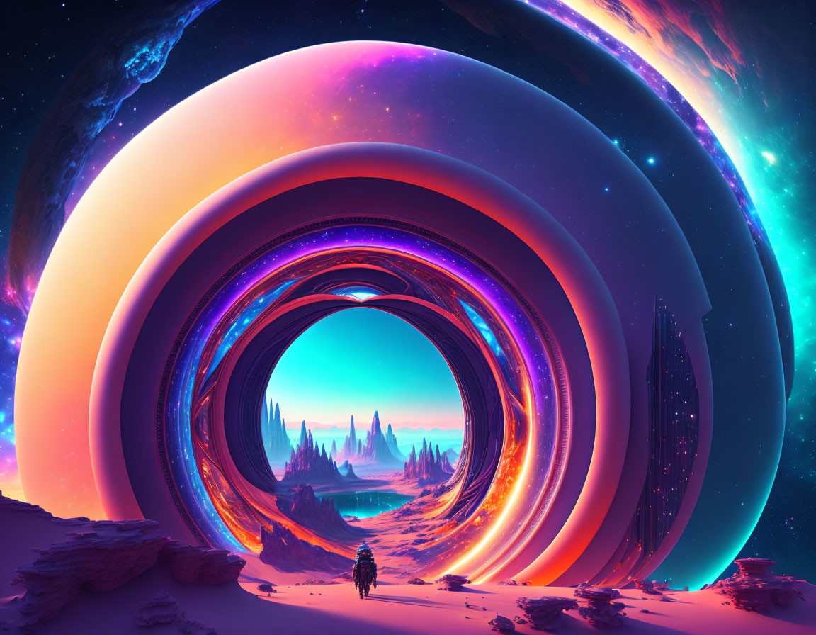 Surreal portal with concentric circles on alien landscape and colorful nebula in sky