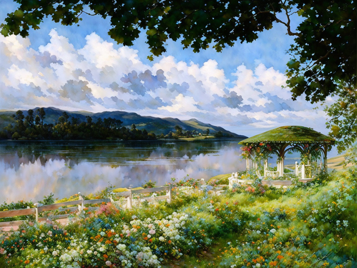 Tranquil landscape painting: gazebo by lake with colorful flowers, mountains, and vivid sky reflected