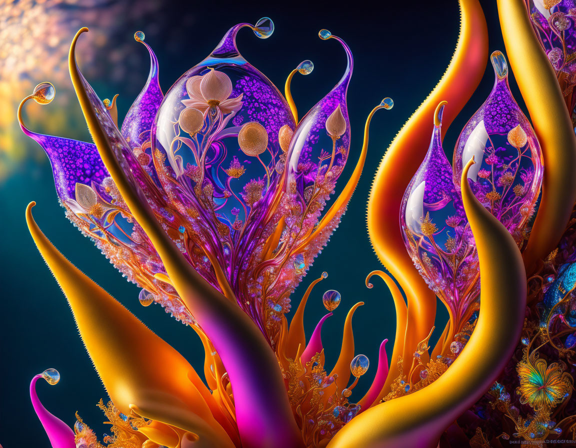 Colorful Abstract Digital Artwork with Plant-like Forms and Swirling Patterns