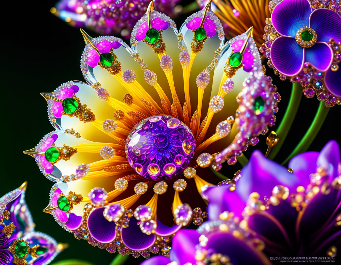 Colorful digital artwork: Fantastical jewel-encrusted flower in purple, gold, and