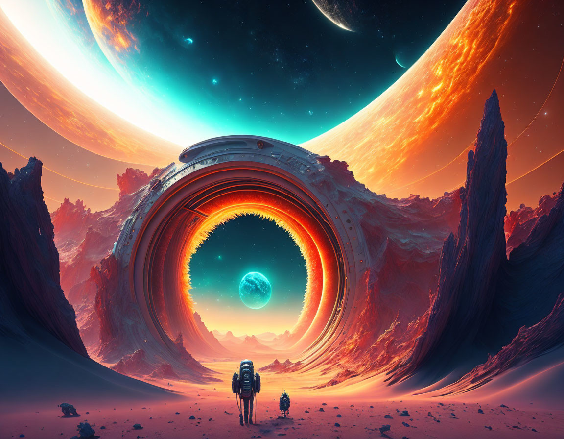 Futuristic scene: Two figures near large ring portal on alien landscape