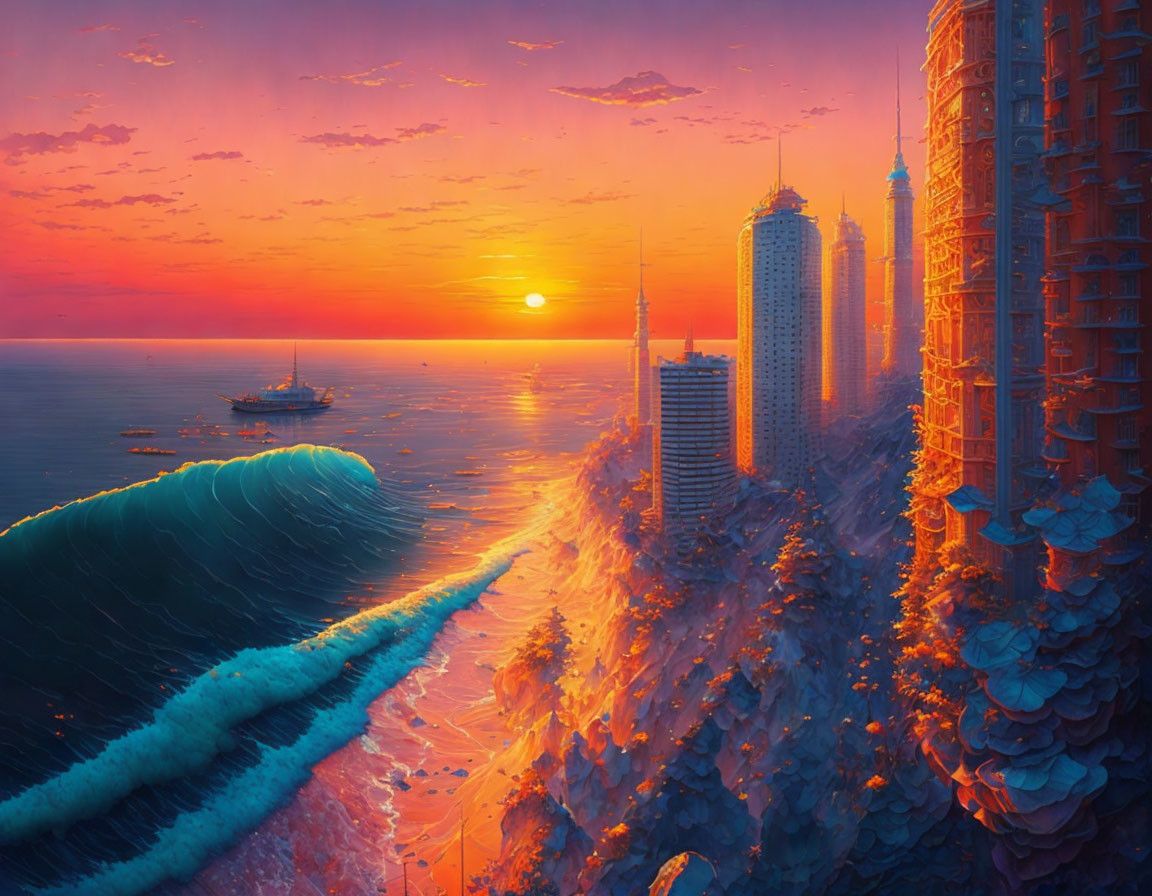 Colorful coastal cityscape at sunset with skyscrapers, serene sea, and vibrant sky