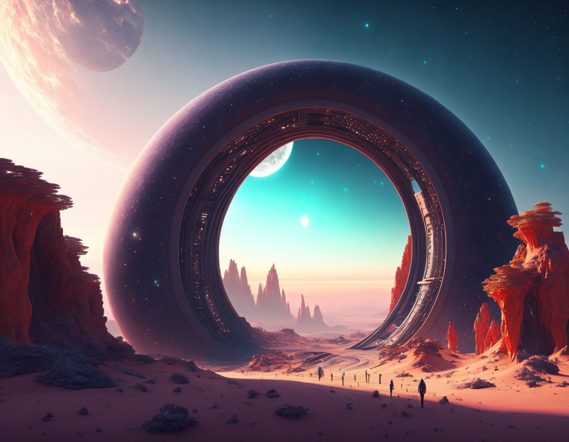 Futuristic desert alien planet with ring structure, figures, and large planet