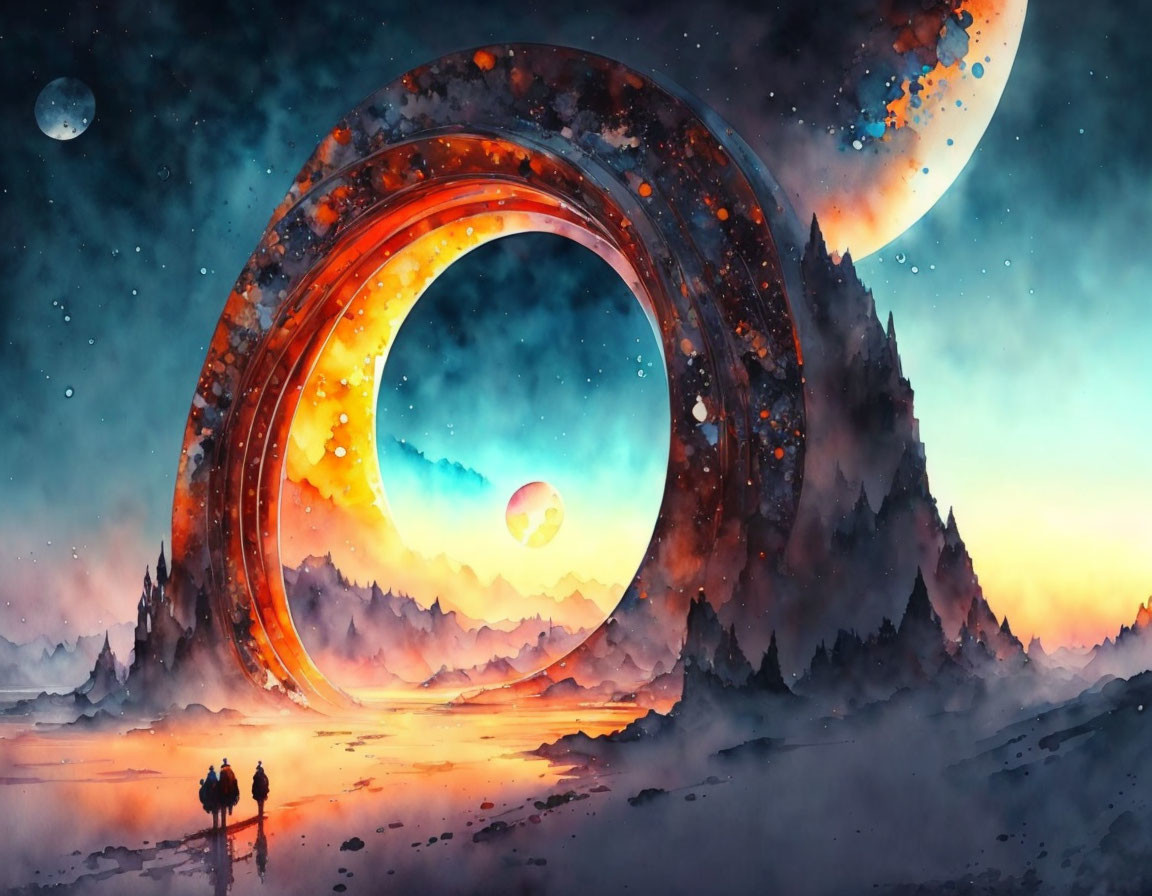 Fantastical landscape with people gazing at fiery ringed portal