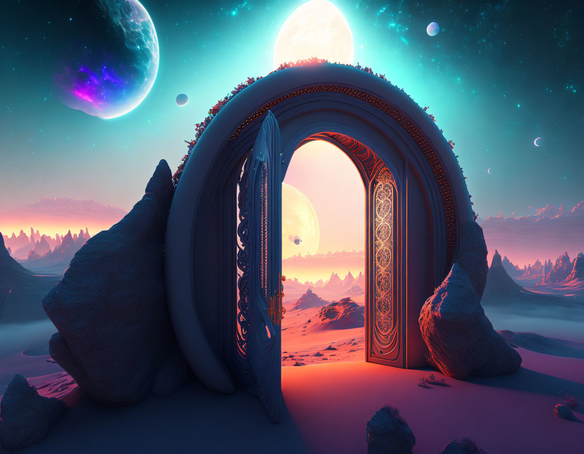 Ornate open door in surreal desert landscape with multiple moons