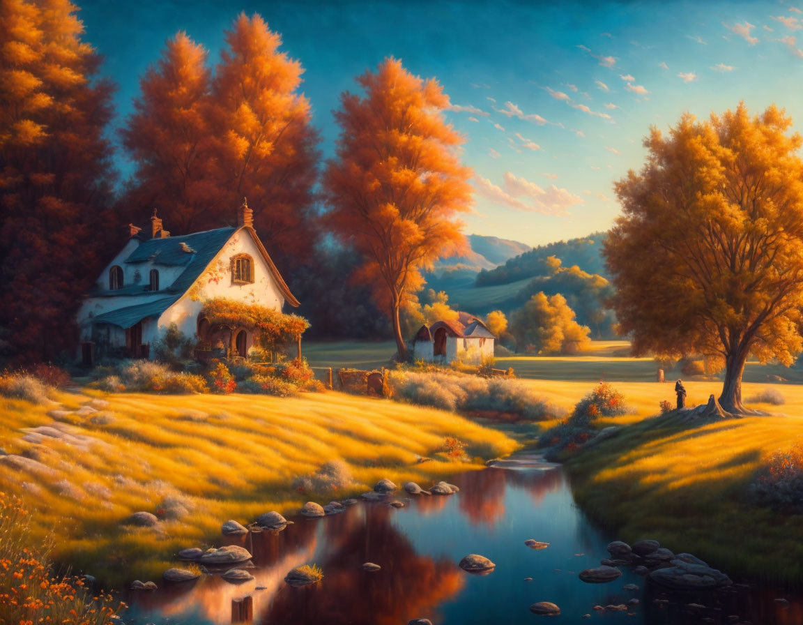 Tranquil Autumn Landscape with Golden Trees and Cottage