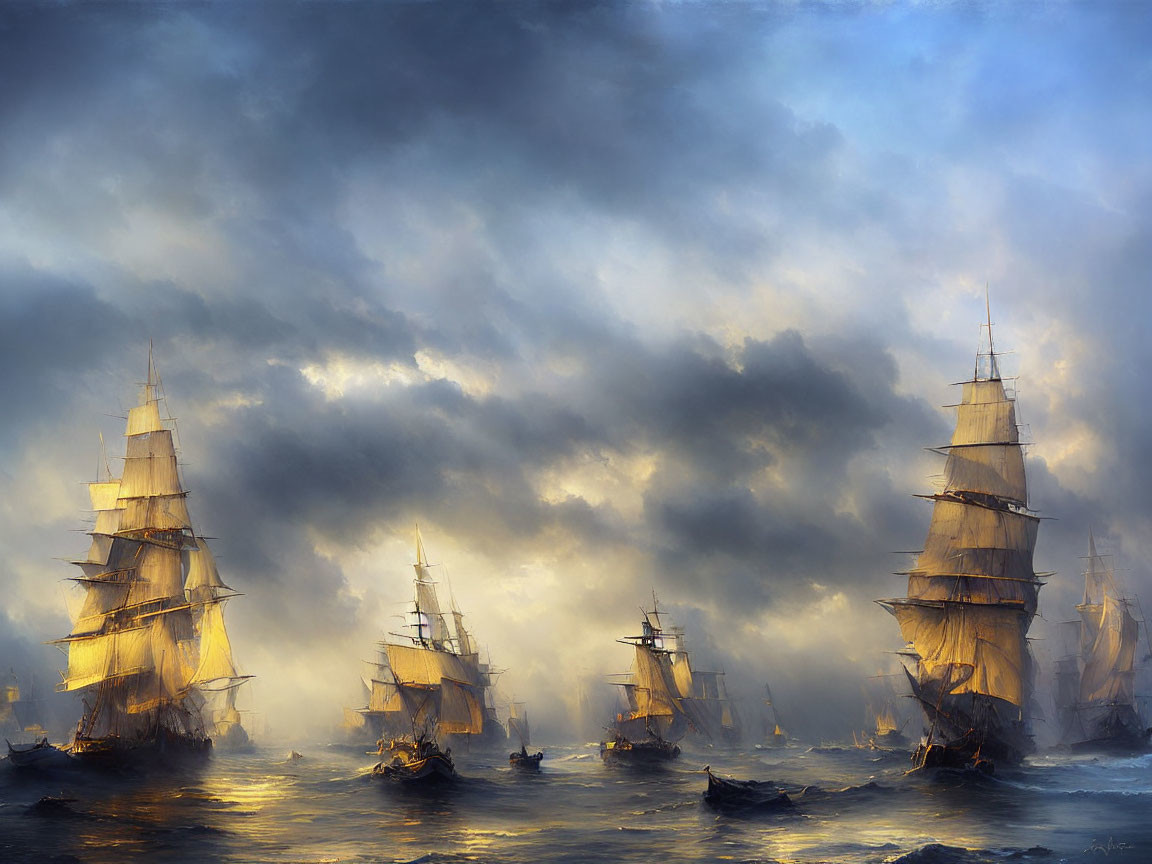 Sailing tall ships in misty seas under dramatic sky