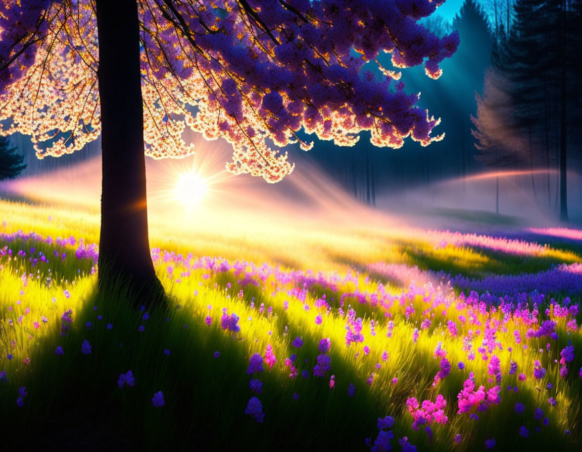 Scenic sunrise over misty landscape with blooming trees and wildflowers