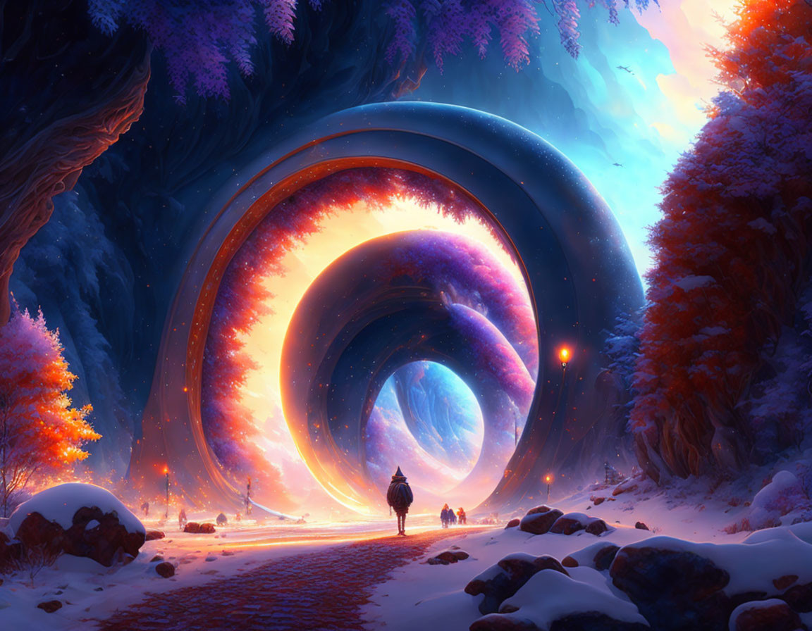 Fantastical snow-covered forest with glowing portal