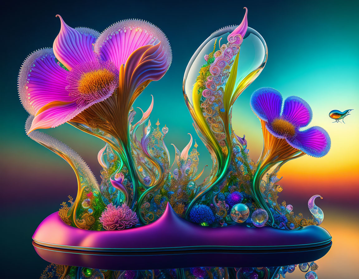 Vibrant digital artwork of stylized flowers on gradient background