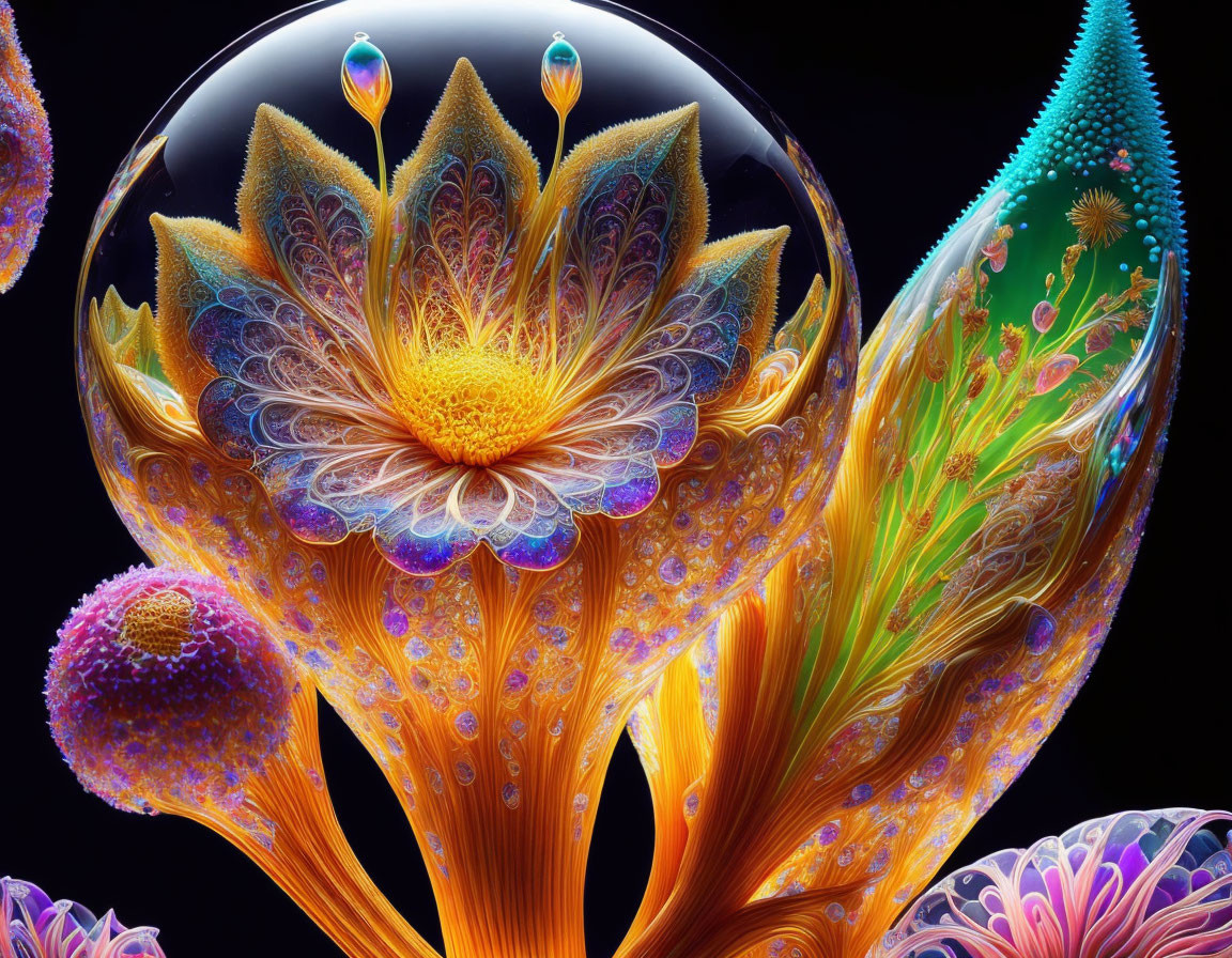 Colorful fractal floral digital art on black background