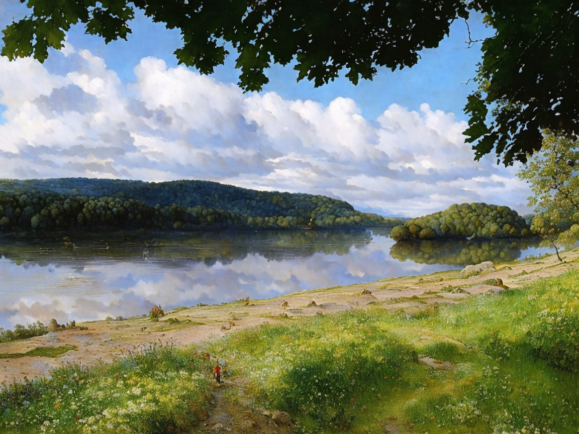 Tranquil landscape with river, greenery, and figure