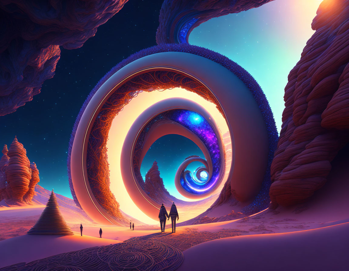 Surreal landscape with figures, cosmic loops, and twilight sky