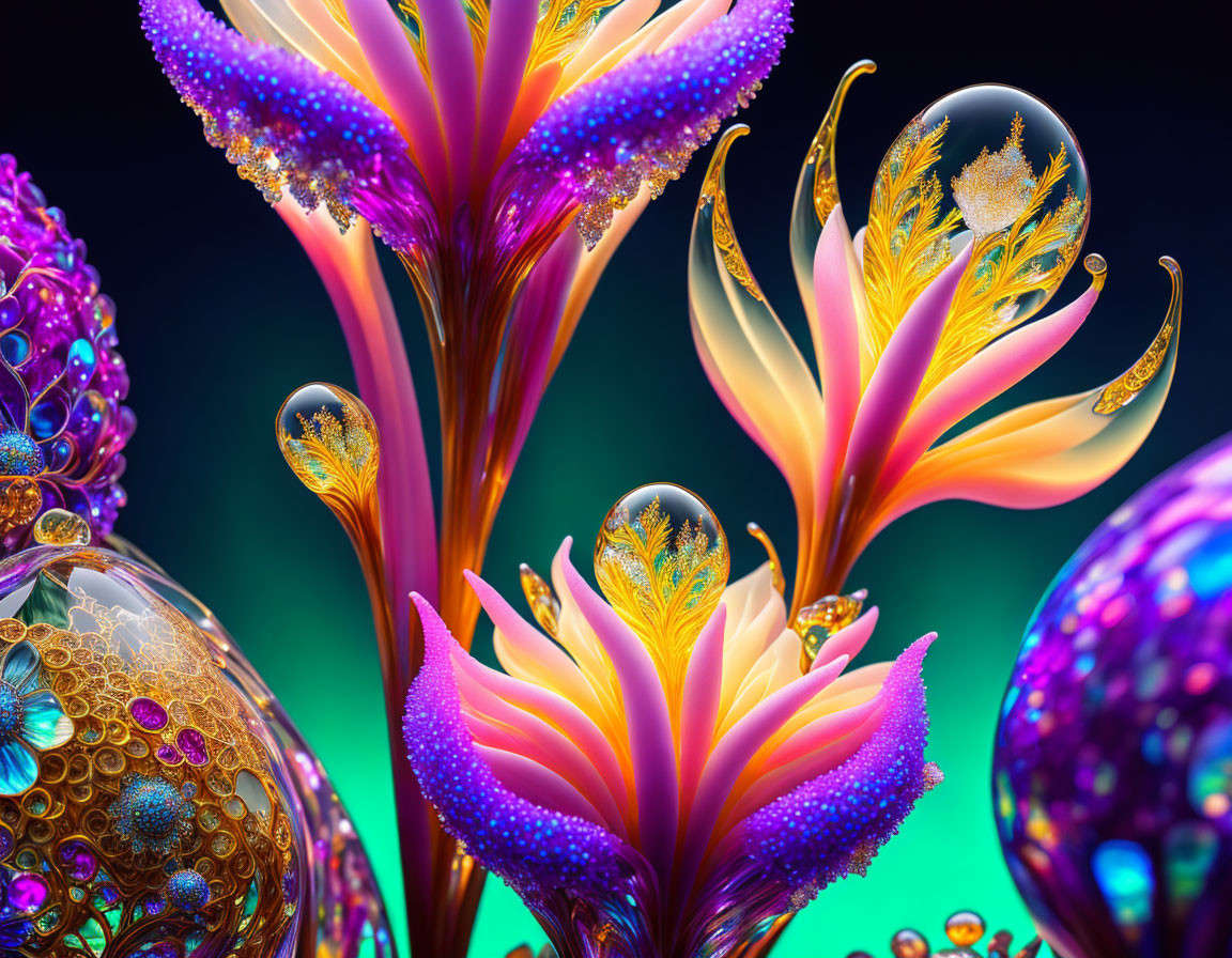 Abstract digital art: intricate flower-like forms, reflective spheres on dark background