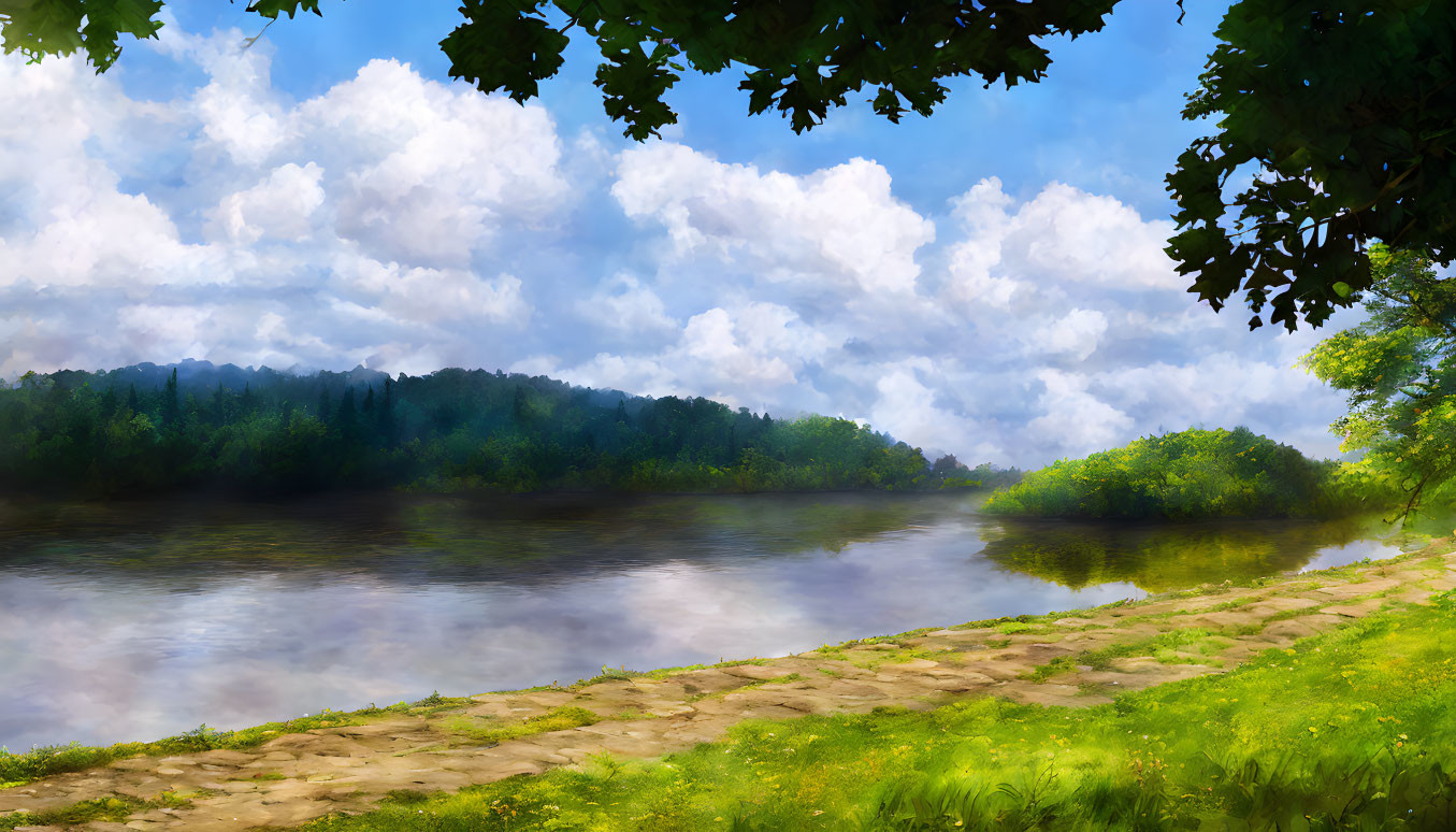 Tranquil riverside landscape with lush greenery and clear sky