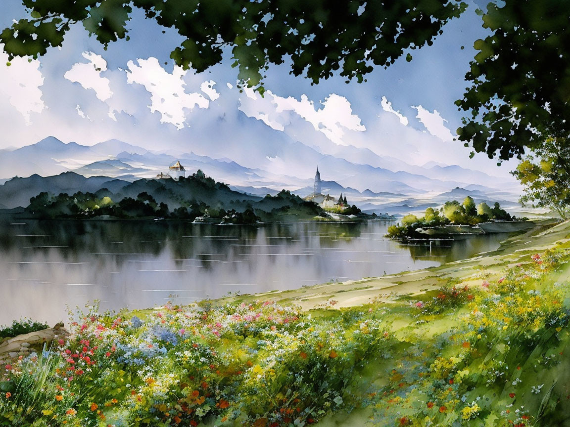 Tranquil watercolor landscape with misty mountains and church spire