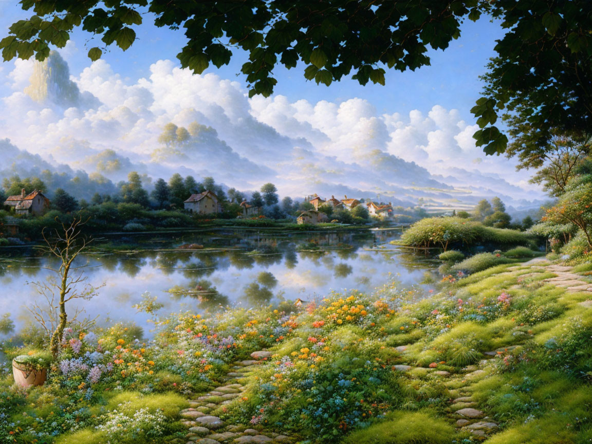 Tranquil landscape painting of a river, houses, greenery, flowers, and mountains